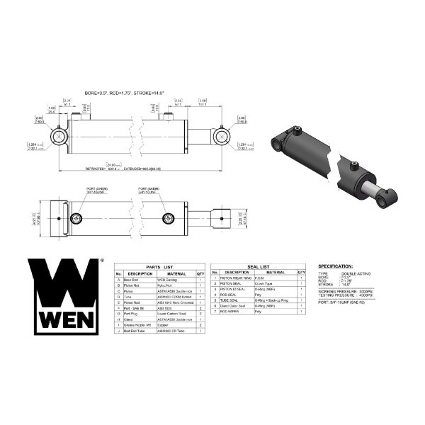 WEN WT3514 Cross Tube Hydraulic Cylinder with 3.5-inch Bore and 14-inch Stroke Fashion - Image 2